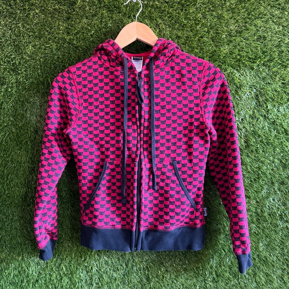 Emily the Strange Cat Ear Hooded Zip Up Jacket Emo Goth Y2K Alt Checkerboard
